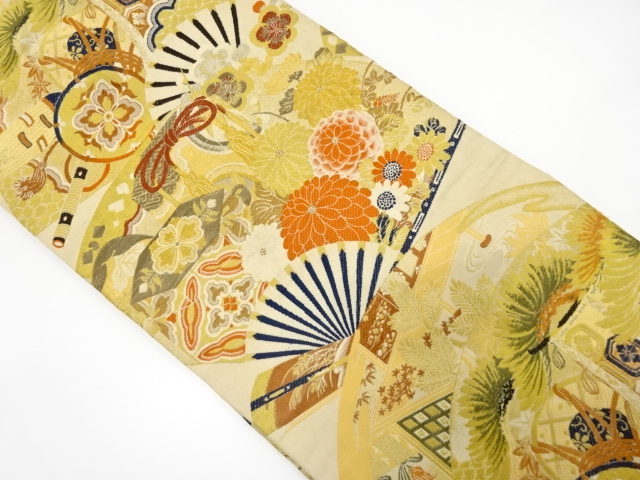 アンティーク　扇面に古楽器・貝桶・松竹梅模様織り出し名古屋帯（着用可）